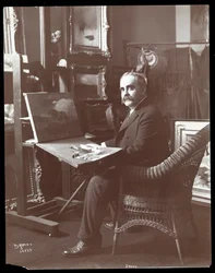Drake in seinem Atelier mit einem Gemälde von Löwen in Arbeit, New York, 1907
